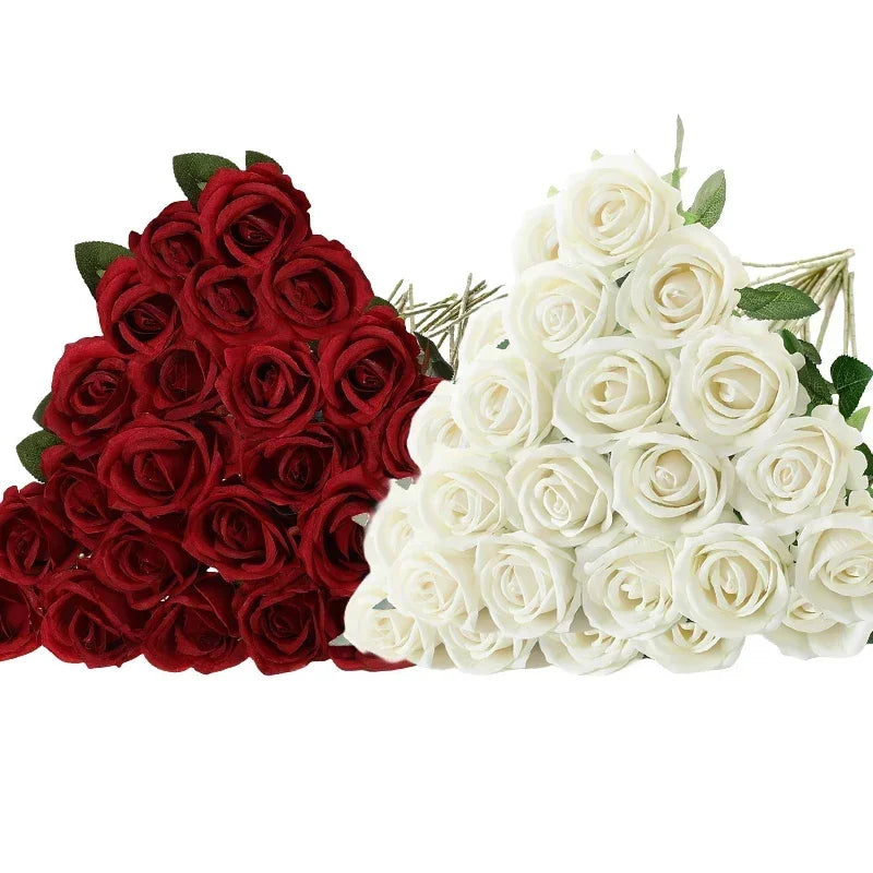 A bouquet of 50 artificial roses, half red and half white, for weddings and home decor.