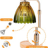 A brass adjustable lamp with a green glass shade and a light bulb, showing how to rotate to adjust height.