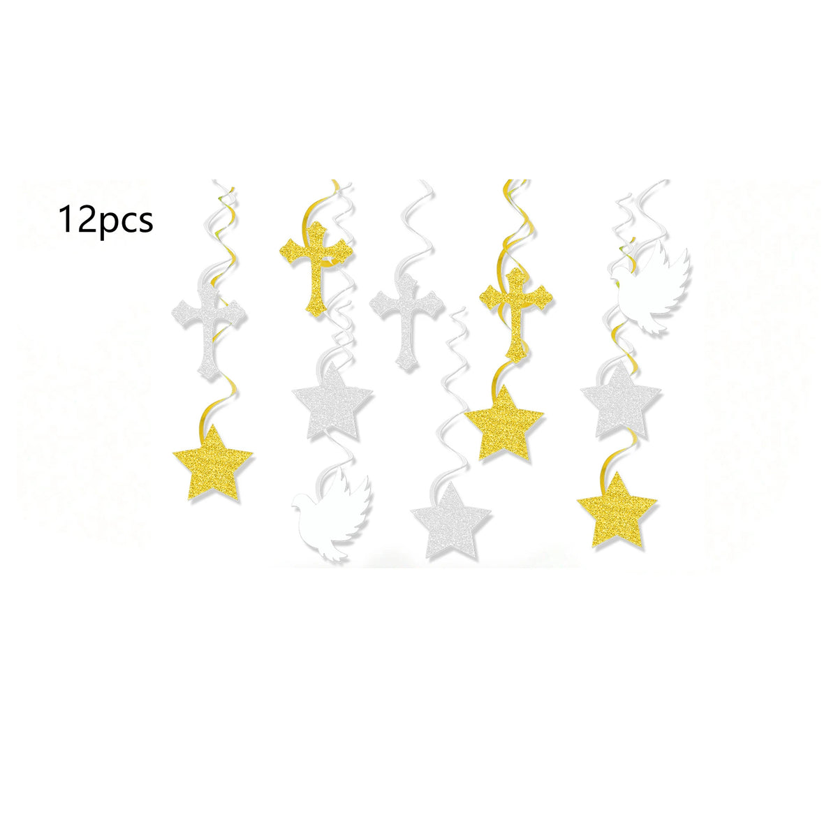 A set of 12 glittery gold and silver faith and celebration party decor items including crosses, stars, and streamers.