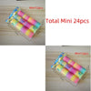 A display of 12 rainbow colored spring toys packaged in a clear plastic sheet, with dimensions shown.