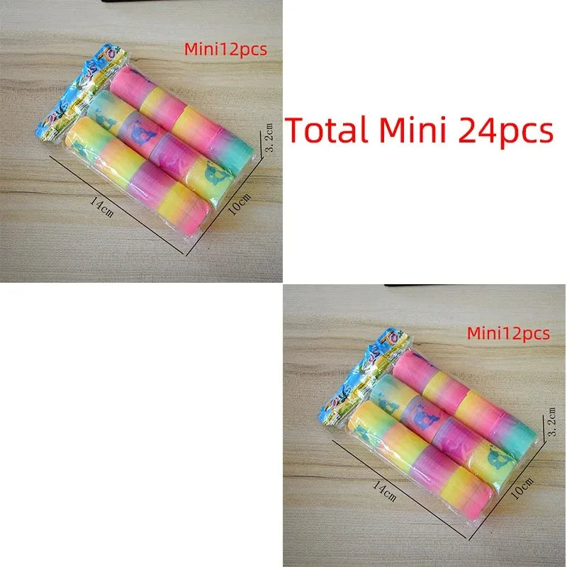 A display of 12 rainbow colored spring toys packaged in a clear plastic sheet, with dimensions shown.