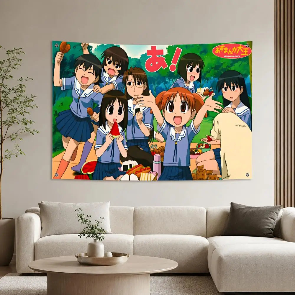 A vibrant anime wall tapestry featuring characters from Azumanga Daioh in a colorful style.