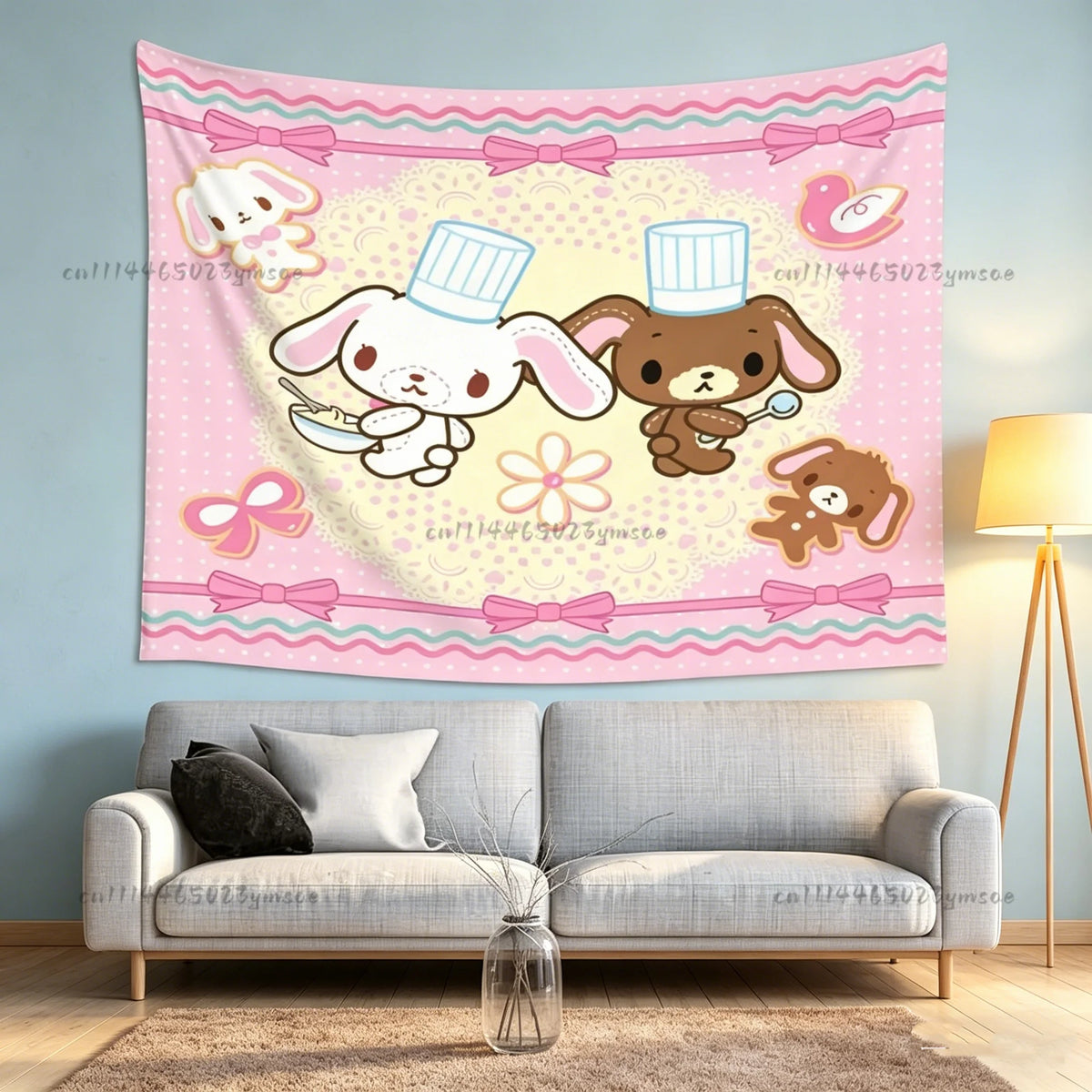 A pink cartoon tapestry featuring cute white and brown animal characters in a decorative border for bedroom decor.