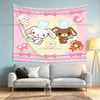 A pink cartoon tapestry featuring cute white and brown animal characters in a decorative border for bedroom decor.
