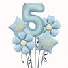 A set of light blue foil balloons shaped like the number 5 and a flower, used for celebrations.