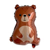 A brown foil balloon shaped like a bear with a white chest patch, used for party decoration.