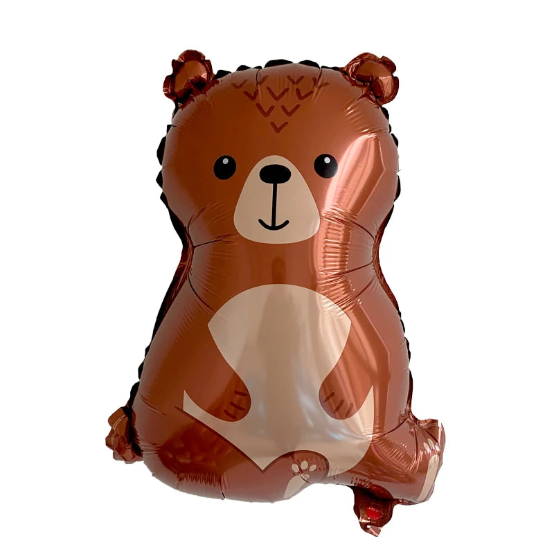 A brown foil balloon shaped like a bear with a white chest patch, used for party decoration.