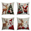 Set of four festive Christmas linen throw pillow covers featuring reindeer, Christmas trees, Santa, and a white rabbit.