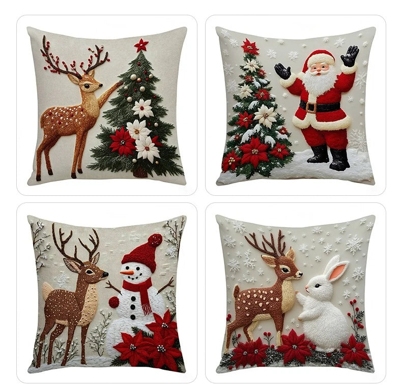 Set of four festive Christmas linen throw pillow covers featuring reindeer, Christmas trees, Santa, and a white rabbit.