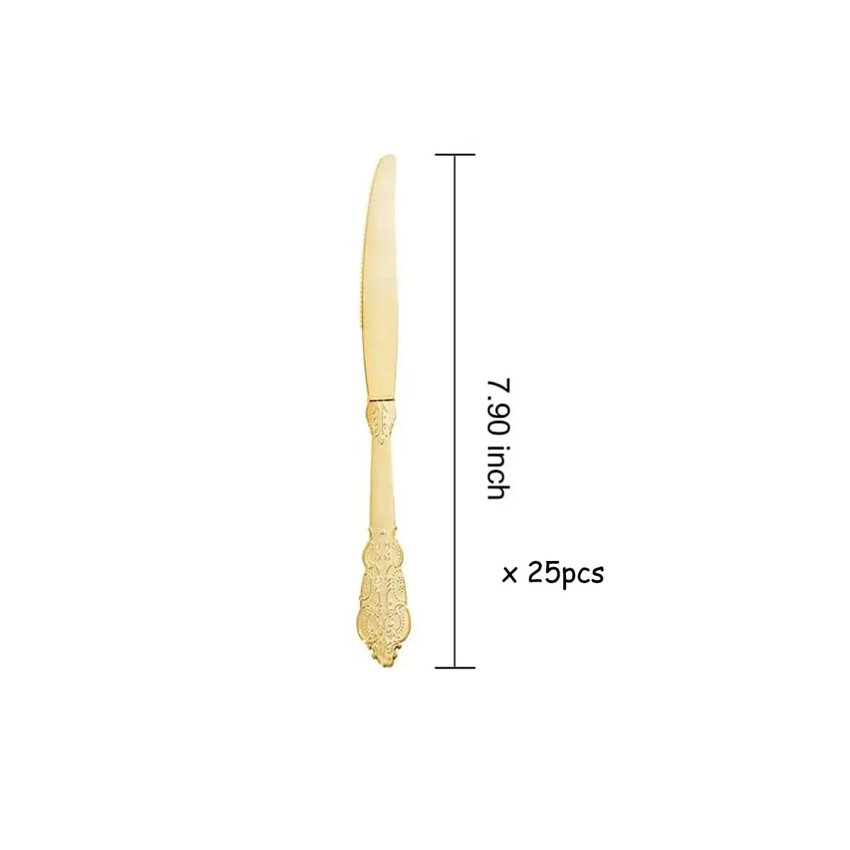 A set of elegant white and gold disposable dinnerware and cutlery with a length of 7.90 inches.