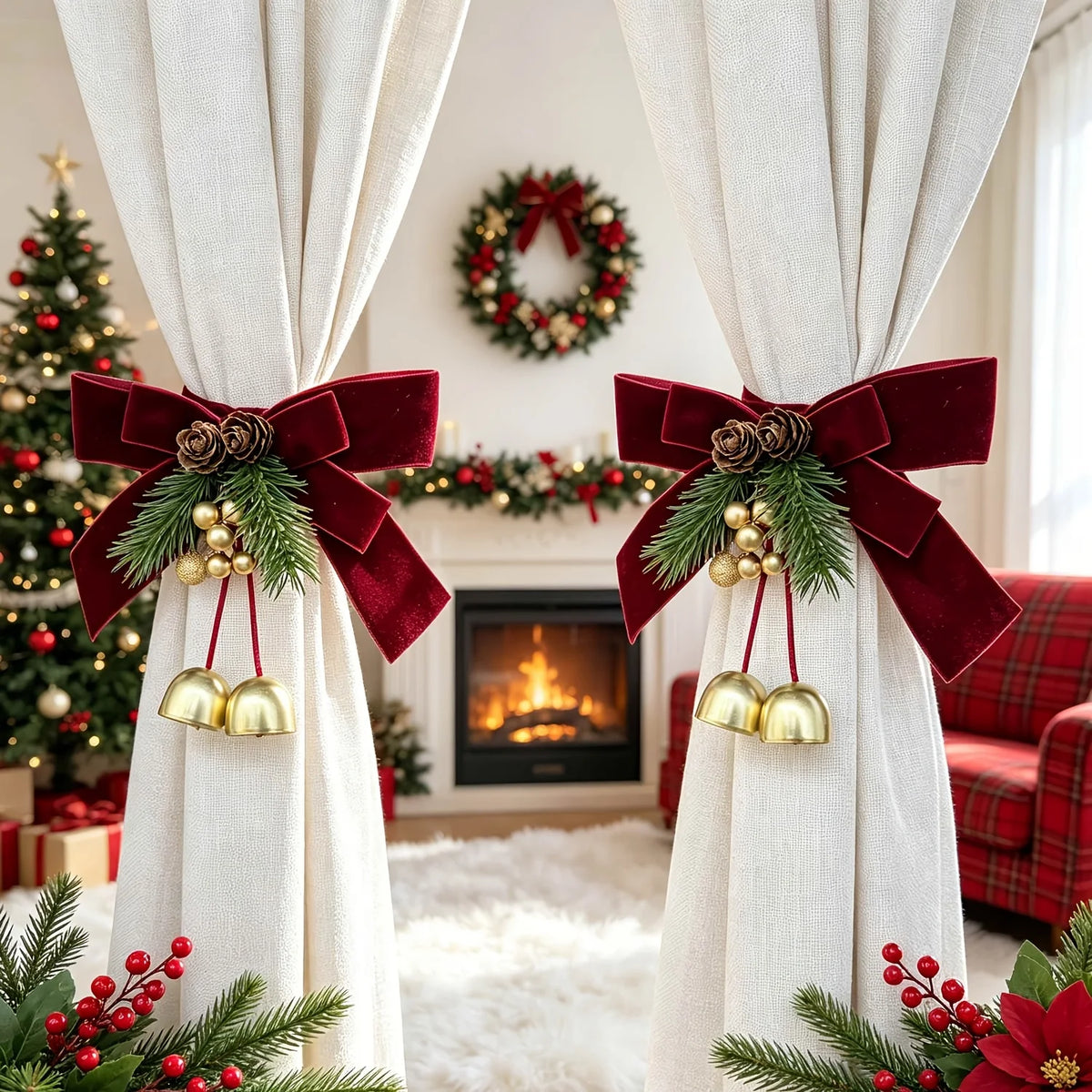 Festive Christmas curtain tie-backs with red bows and pinecones framing a fireplace