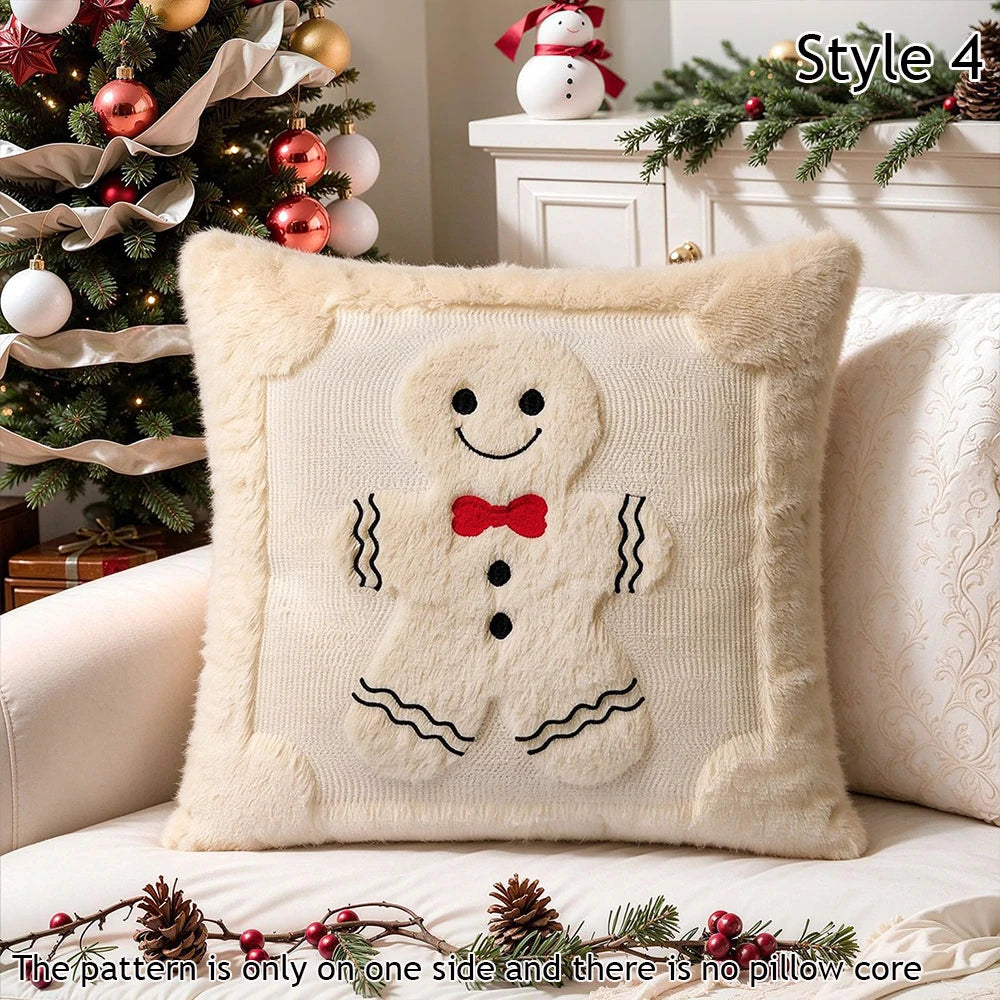 A cream-colored embroidered pillow featuring a festive red bow tie and black lines, set against a white background.