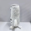 A white soft plush toy shaped like an energy drink can with a black design.