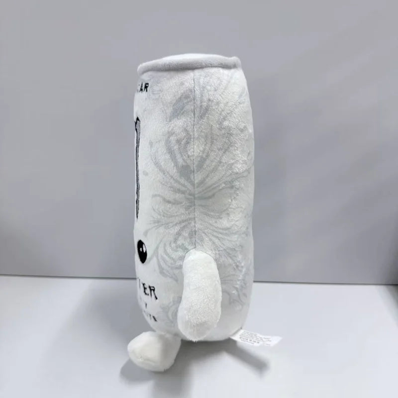 A white soft plush toy shaped like an energy drink can with a black design.
