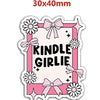 Pink and white cartoon word resin flatback charms featuring the text KINDLE GIRLIE with floral accents