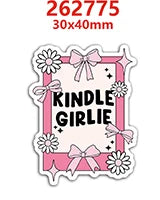 Pink and white cartoon word resin flatback charms featuring the text KINDLE GIRLIE with floral accents