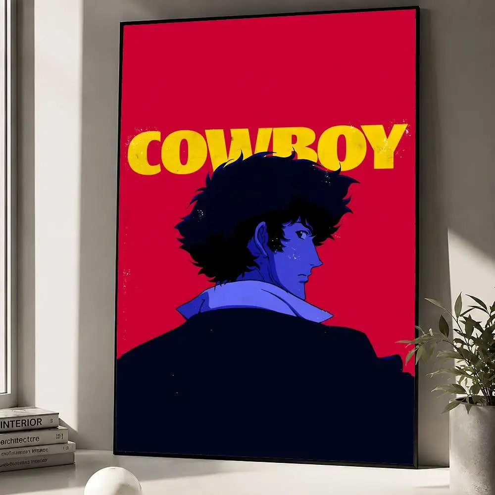 A vibrant red poster featuring Spike Spiegel from Cowboy Bebop with yellow text and a dark silhouette.