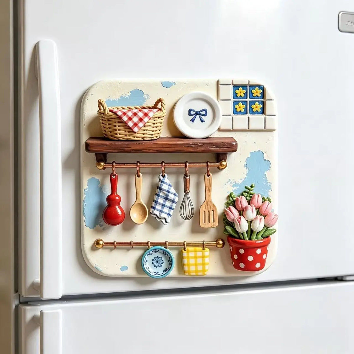 A white fridge magnet featuring a wooden shelf with kitchen utensils, a woven basket, and a small tiled section.
