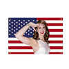 A woman wearing a white top poses against an American flag background.