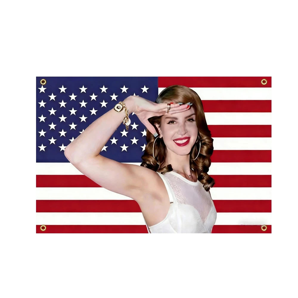 A woman wearing a white top poses against an American flag background.