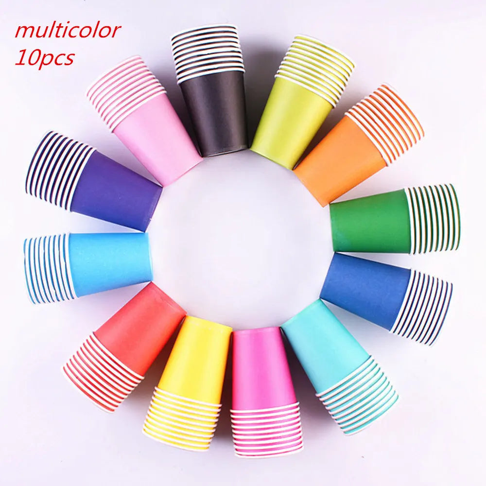 A colorful set of 10 disposable paper cups in various solid colors and striped patterns arranged in a circle.