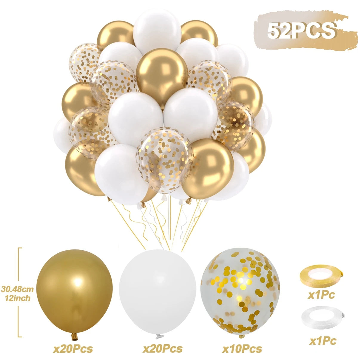 A balloon party decor kit showing various gold and white balloons, including latex balloons and confetti accents.