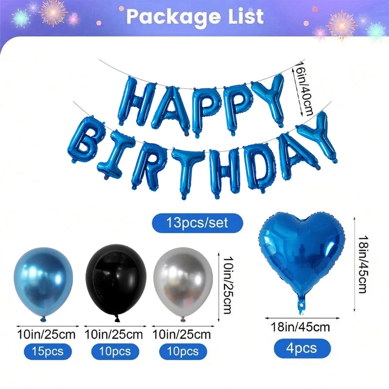 A package list showing various blue balloons including letter balloons and heart-shaped balloons in different sizes