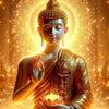 A golden Buddha statue with a glowing halo and lotus design, depicted in a serene pose.