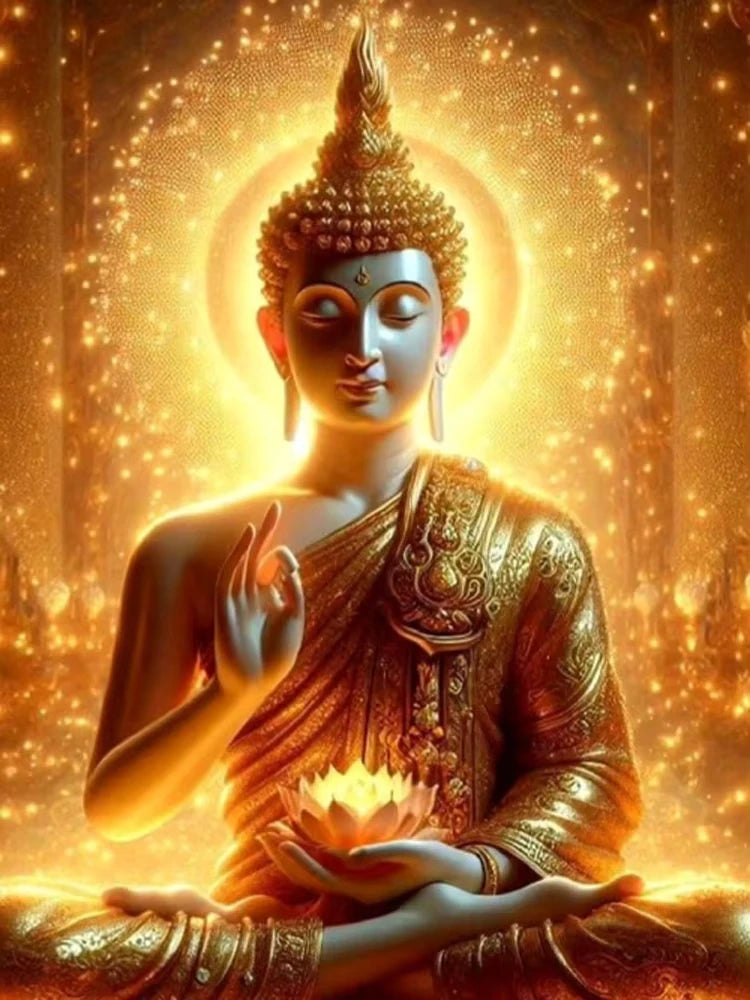 A golden Buddha statue with a glowing halo and lotus design, depicted in a serene pose.