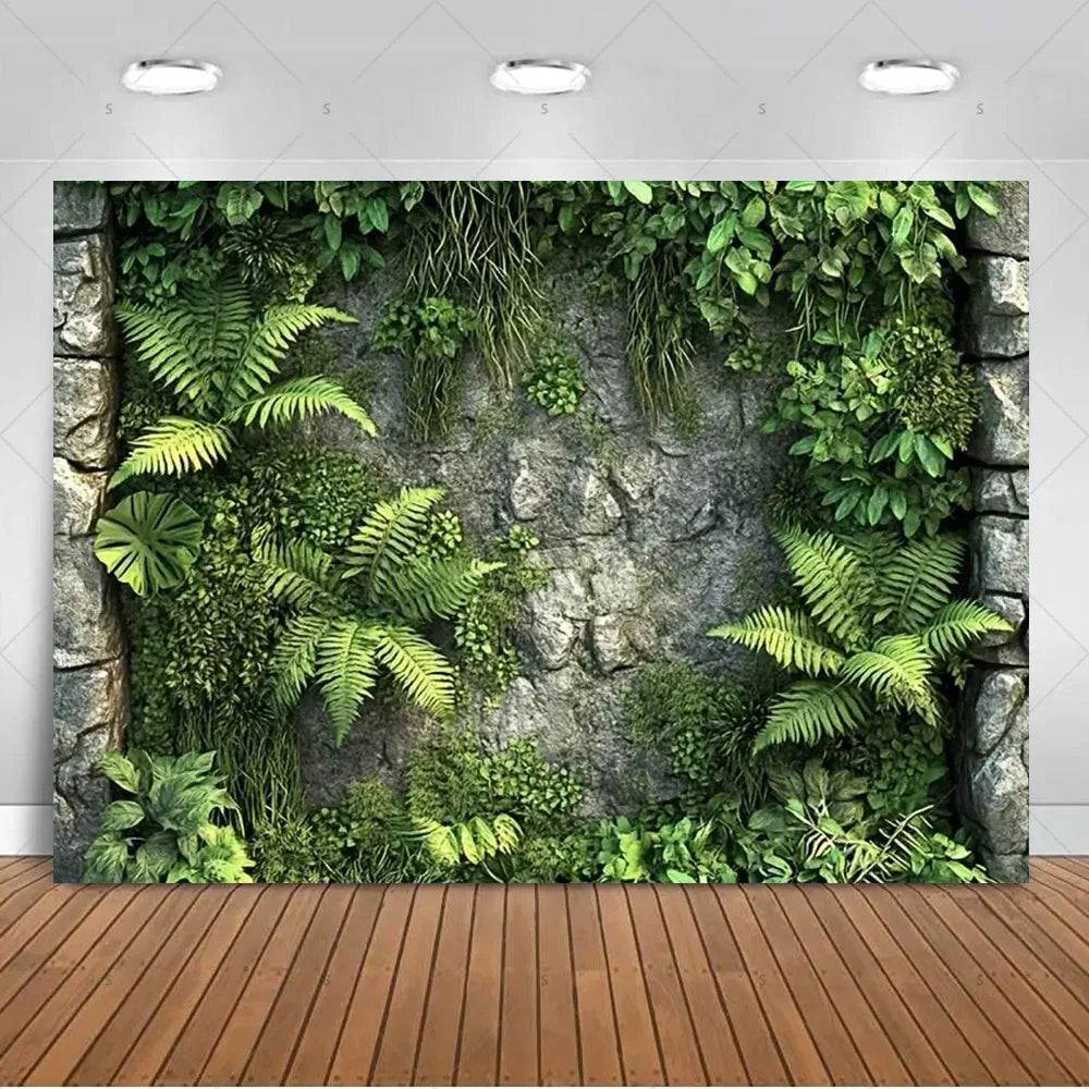 A lush green tropical palm leaf backdrop featuring various ferns and foliage for party decor.