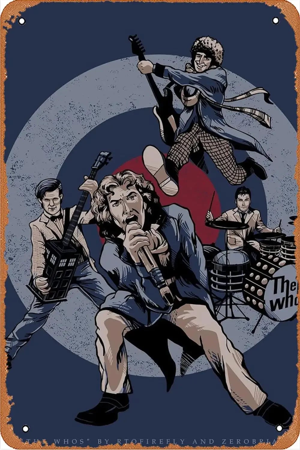 Placa vintage con ilustración estilizada de un músico de rock con cabello largo y guitarra.