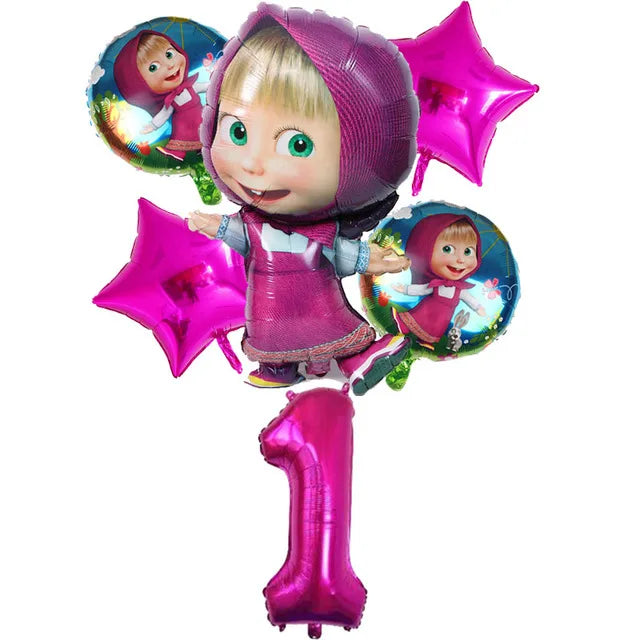 A set of pink and teal balloons and a large pink number one balloon for a Masha and The Bear birthday party.