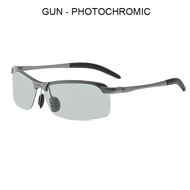 Gray photochromic sunglasses with a matte black frame shown against a white background.