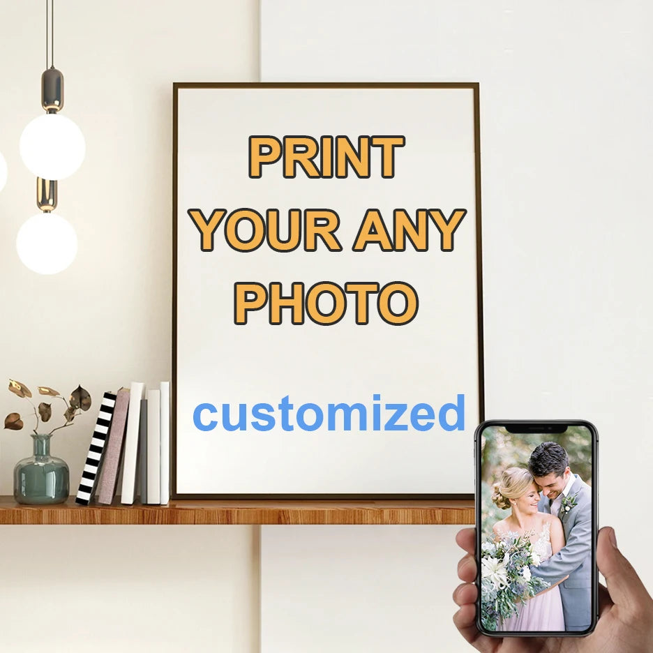A framed print with the text PRINT YOUR ANY PHOTO customized displayed next to a smartphone showing a couple.