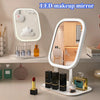 A white LED makeup mirror is displayed on a shelf with various cosmetic products and tools.