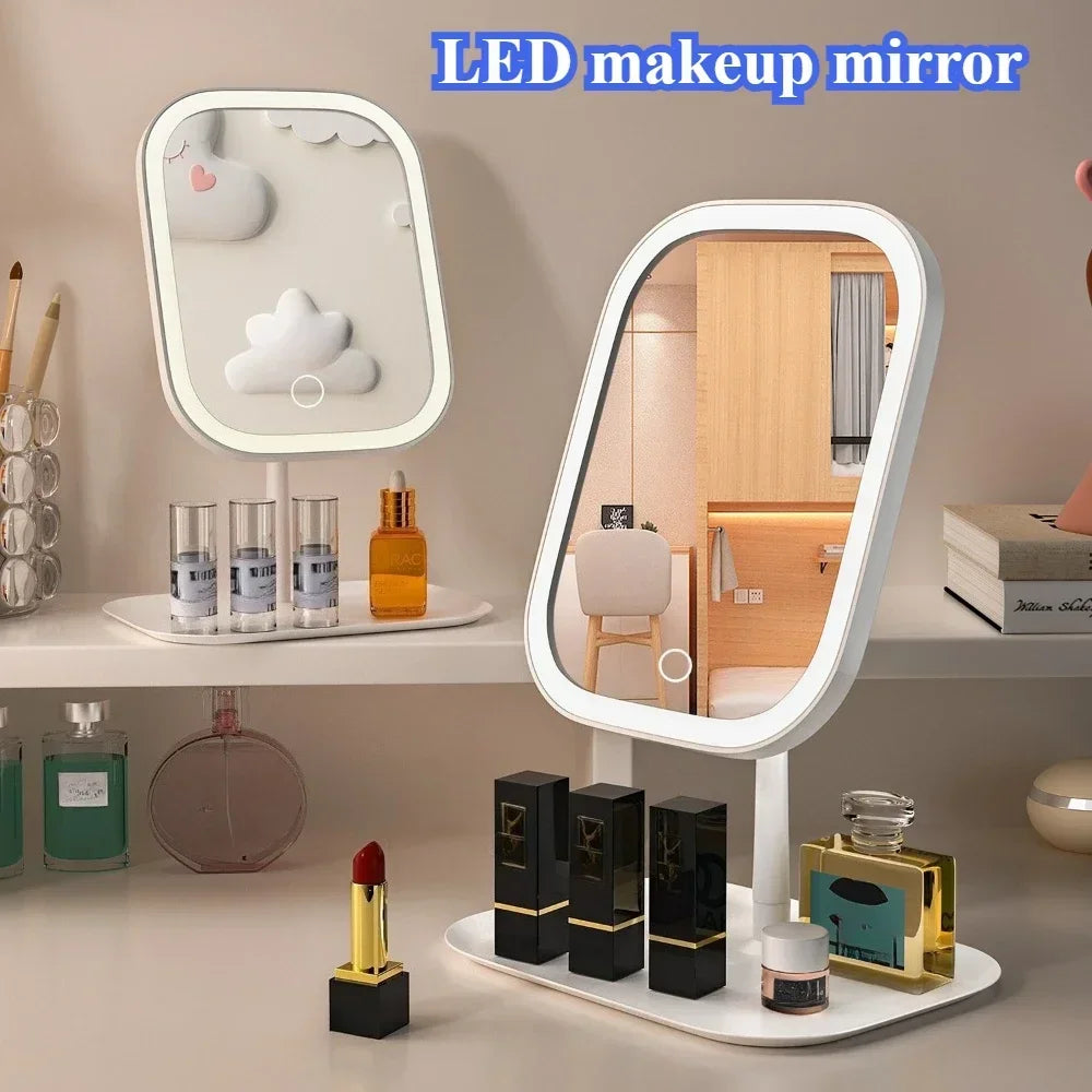 A white LED makeup mirror is displayed on a shelf with various cosmetic products and tools.