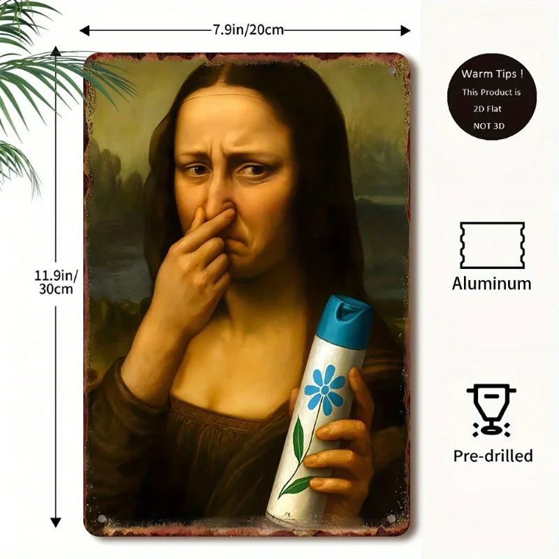 A rectangular metal wall art print featuring a painting of a woman with dark hair and olive skin, set against a dark backgrou