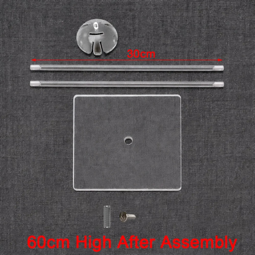 Acrylic balloon stand components including a top piece, rods, and a square base for assembly.
