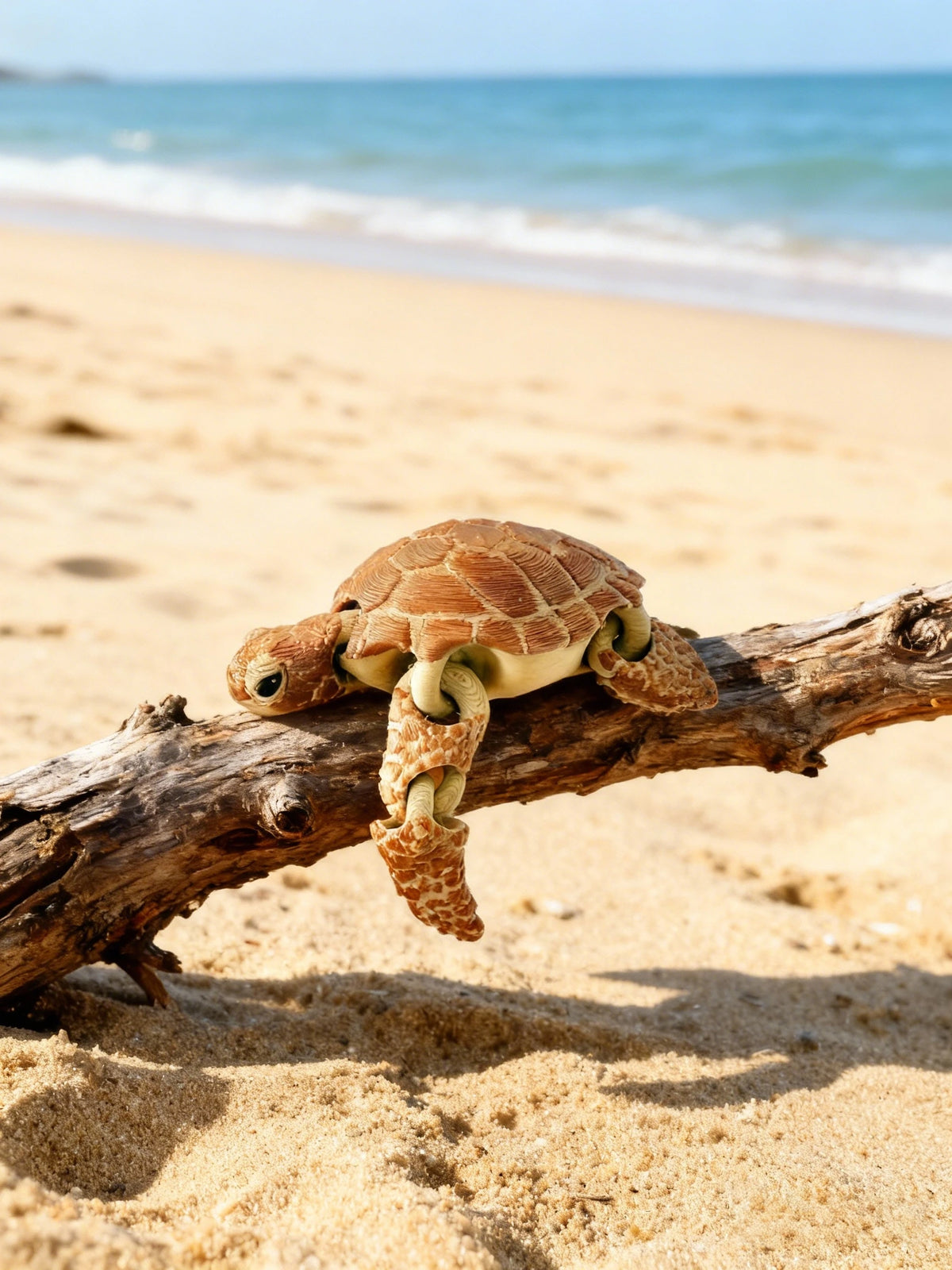 A small, light brown turtle figurine is resting on a piece of driftwood on a sandy beach with the ocean in the background.
