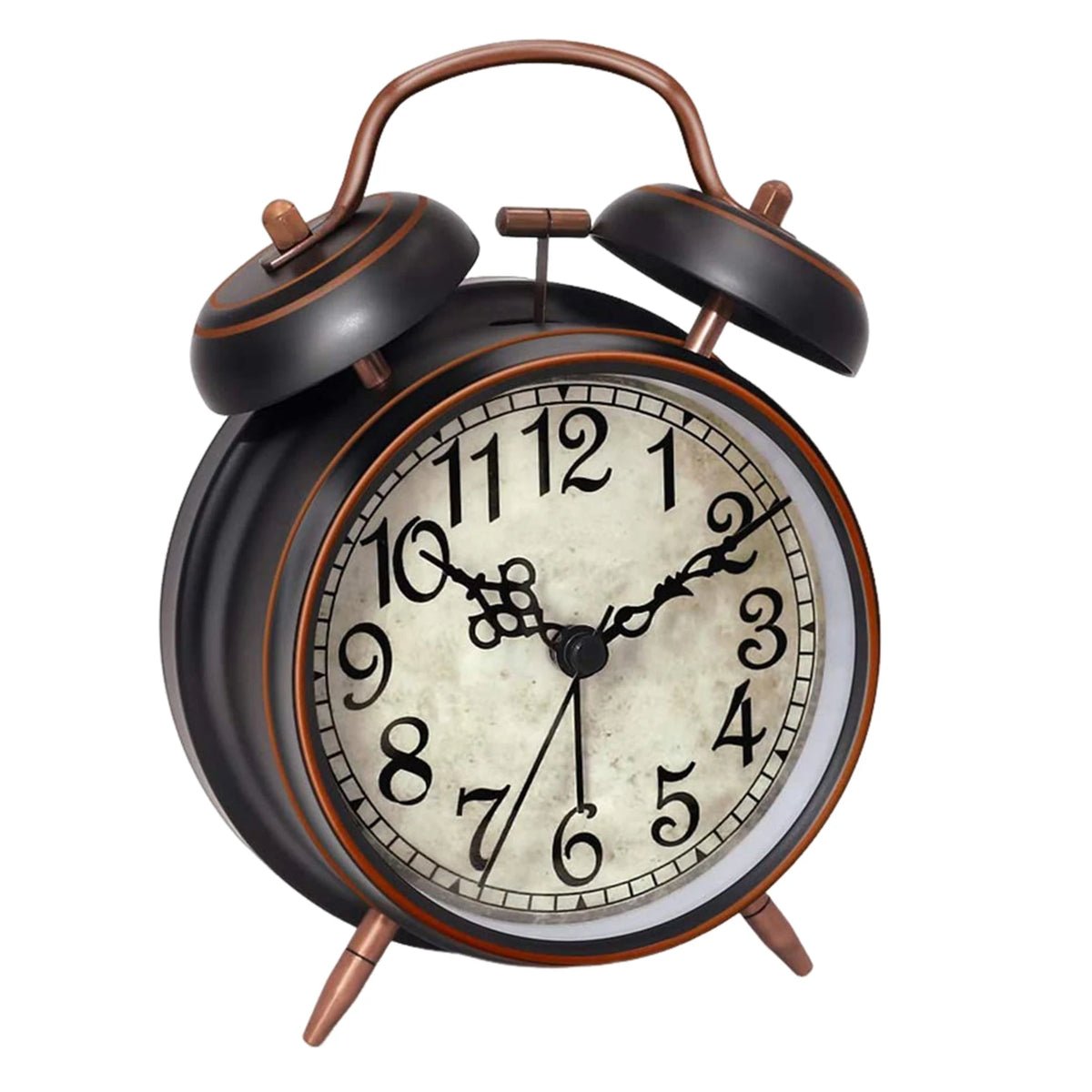 A vintage twin-bell alarm clock with a dark casing and wooden accents, showing the time.