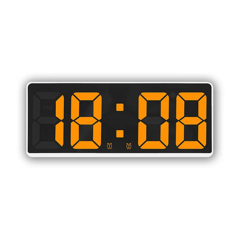 A digital alarm clock displaying 18:08, featuring an orange LED display on a black background.