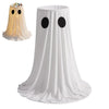 A white ghost Halloween treat bucket with a sheer fabric drape and two black eyes, illuminated from within.