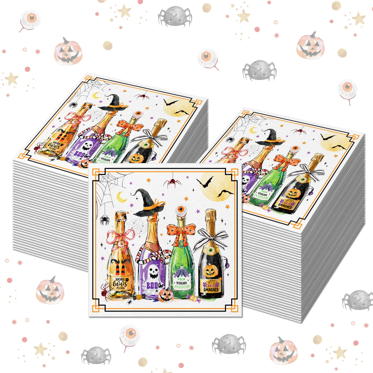 A stack of Halloween skeleton and spider paper napkins featuring various spooky designs.