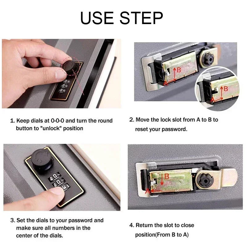 Instructions showing how to use a classic book hidden safe with a combination lock by setting dials and resetting the lock sl