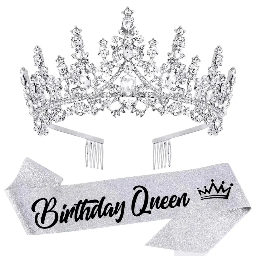 Silver rhinestone crown and sash set for a birthday queen