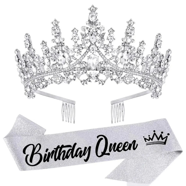 Silver rhinestone crown and sash set for a birthday queen