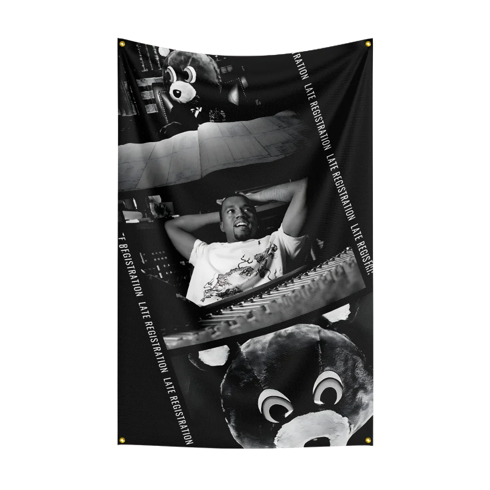 A black and white photograph of a man with his arms raised, set against a background featuring a bear's face and text.