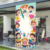 A colorful banner featuring illustrations of happy children with pencils and hearts for classroom or party decor.