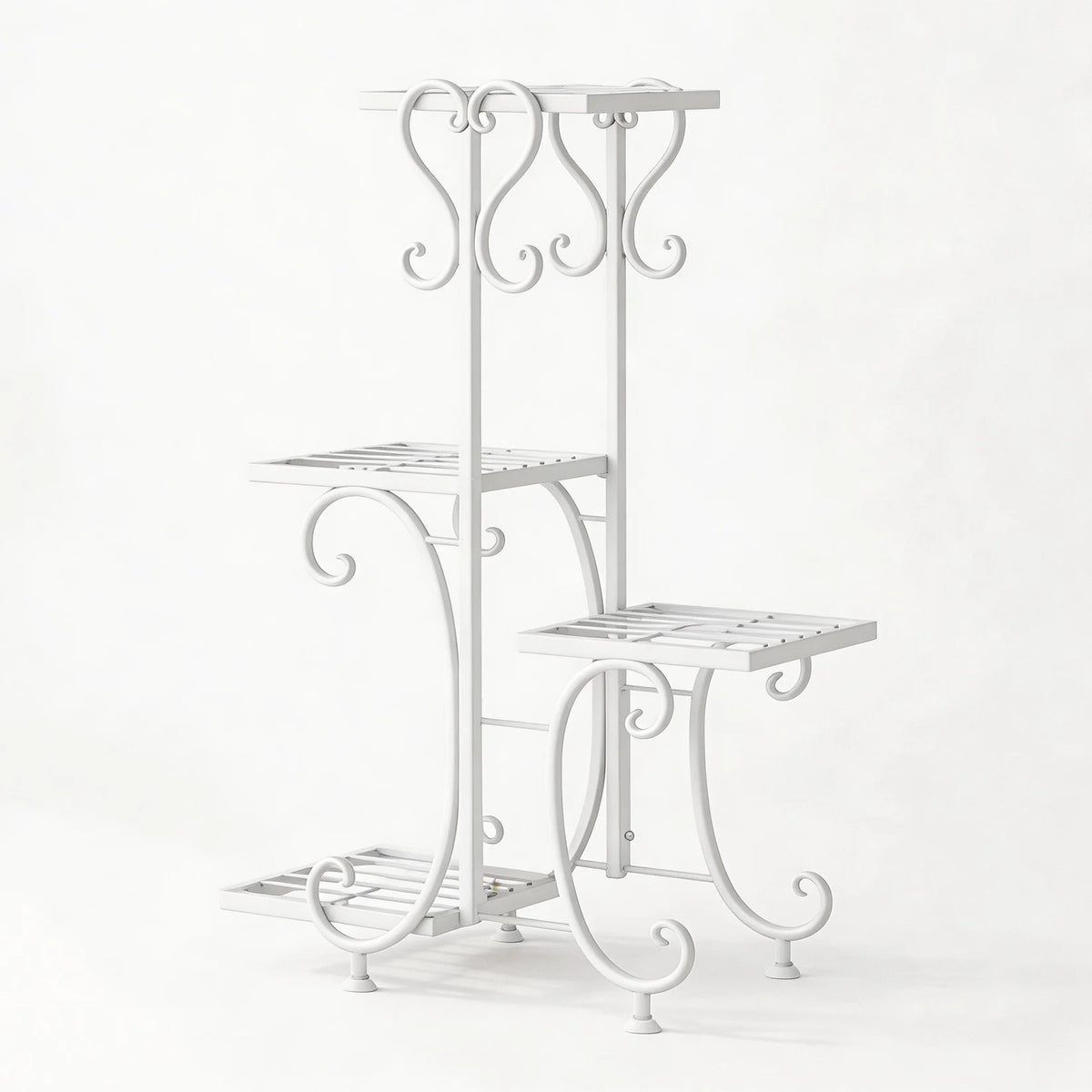 A white metal corner plant stand with four tiers for indoor and outdoor use.