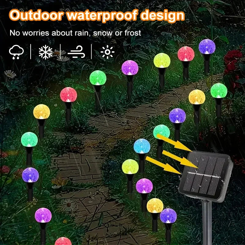 Outdoor waterproof garden lights featuring various colored bubble balls and a solar panel.